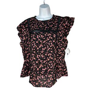 Jessica Simpson Womens Medium Ruffle Floral Sleeveless Blouse Black Pink